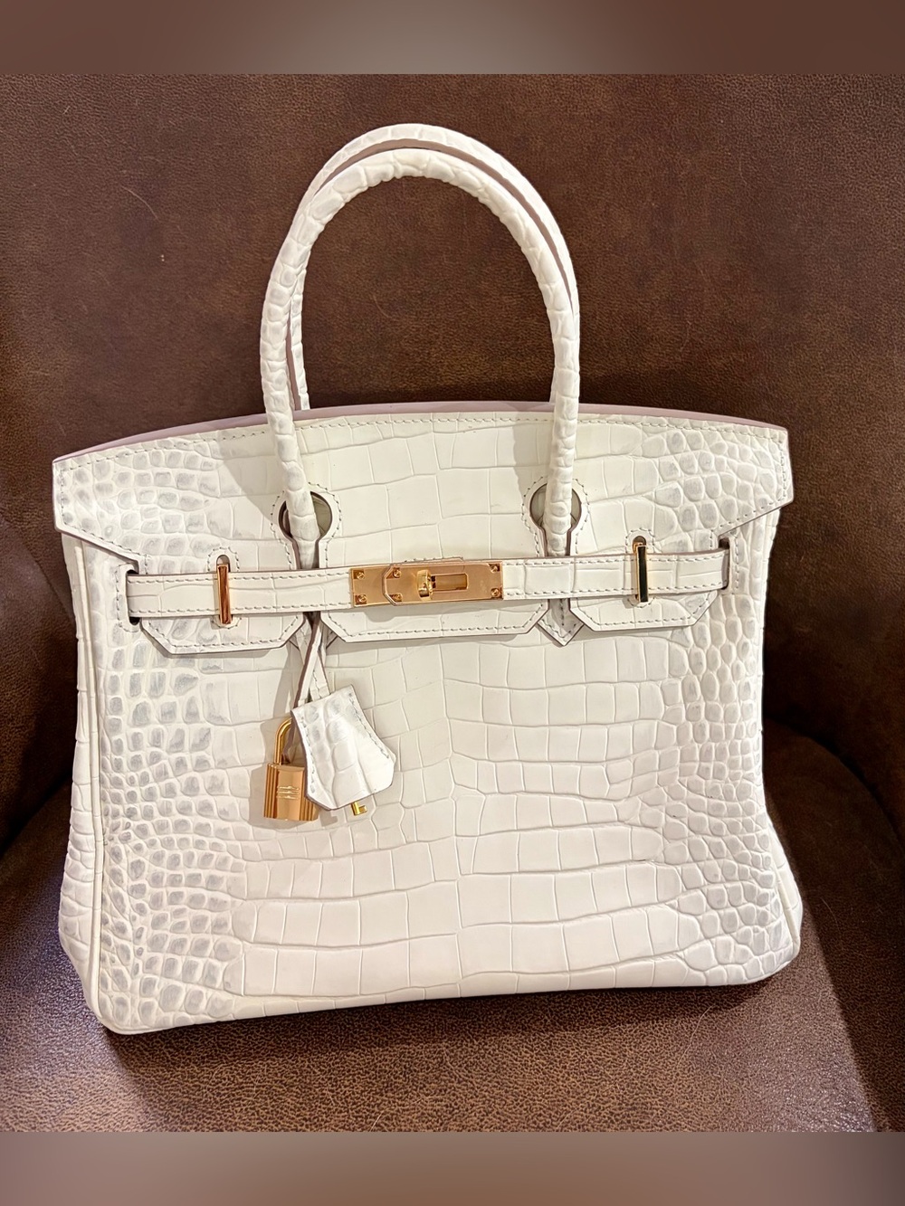 Tiffany & Fred Paris White Croc-Embossed Leather Satchel Gold Hardware